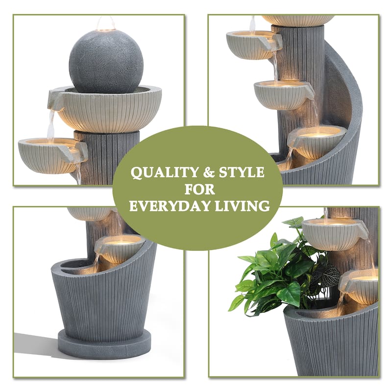 Gray Resin Spiral Sculpture with Bubbler 5-Tier Outdoor Fountain with Lights