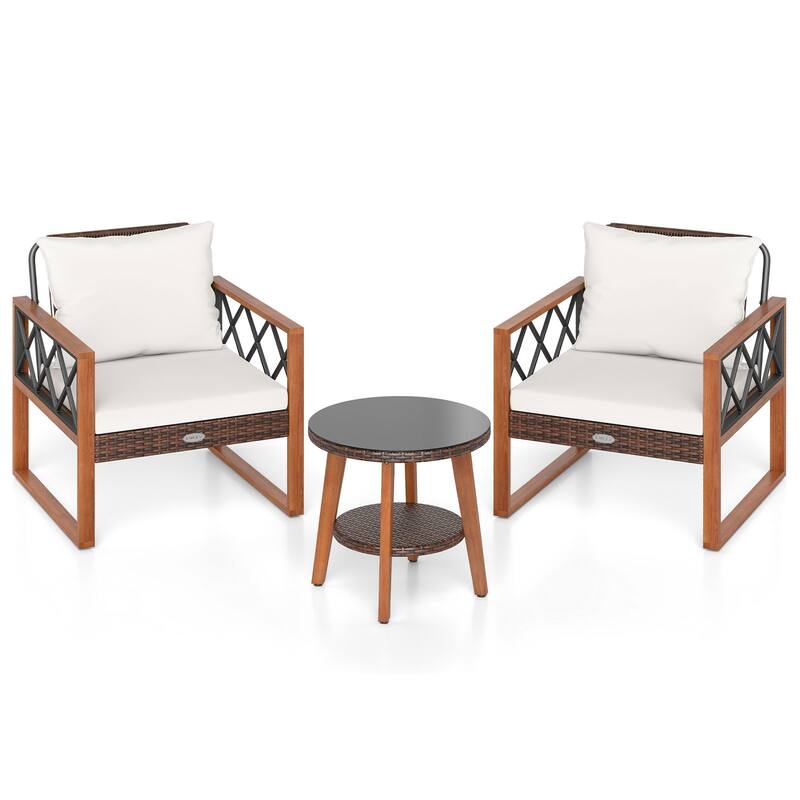 Gymax 3 Pieces PE Wicker Patio Set w/Solid Acacia Wood Frame & Soft