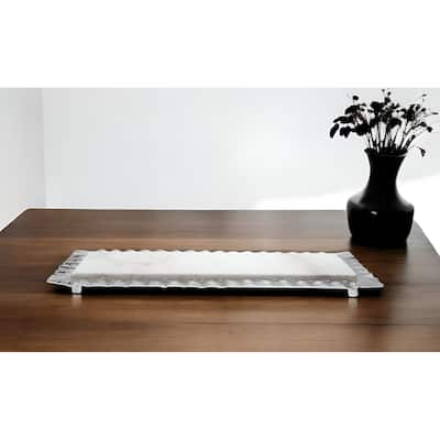 HomeRoots 18" White and Silver Rectangular Marble Serving Tray