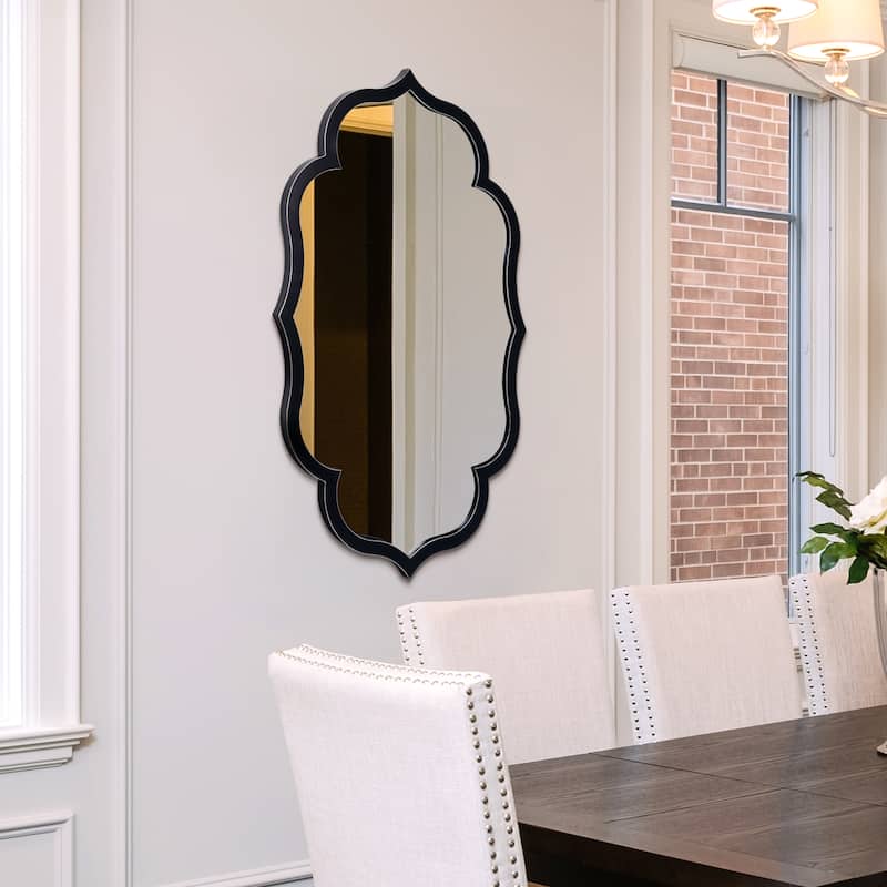 Curved Scalloped Wall Mirror on Black Matte Frame with Washed White Edges - 24" x 40" x 1"