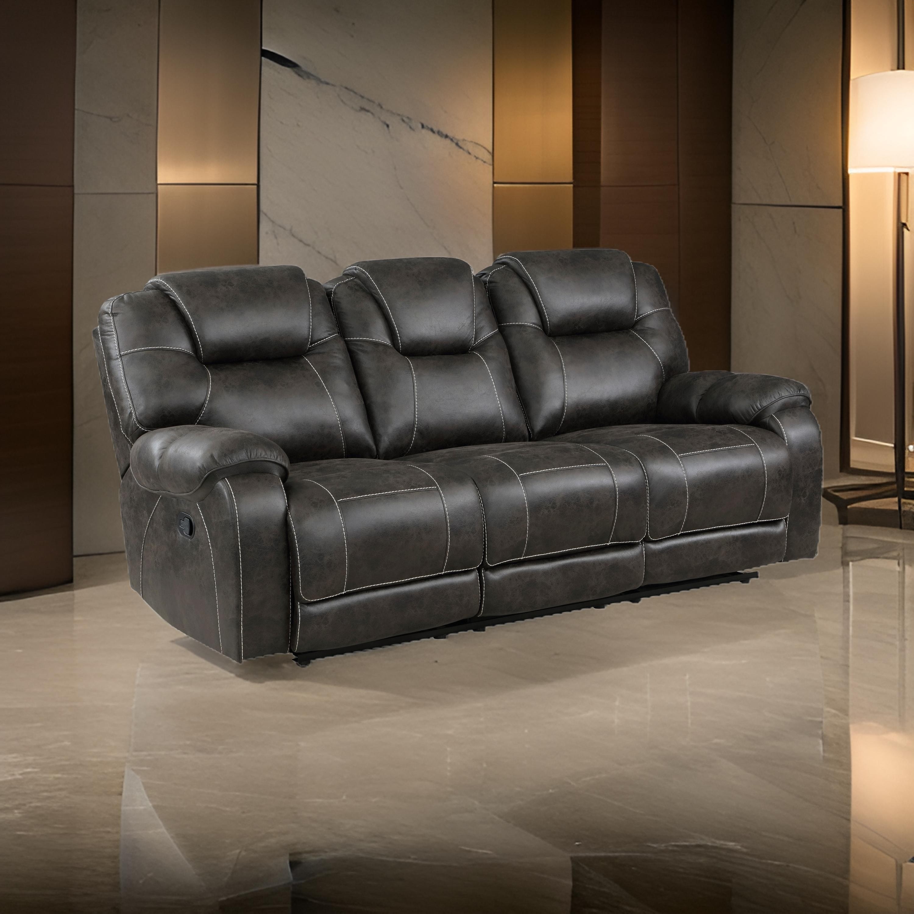 Benjara Lily 87 Inch Double Manual Recliner Sofa, Brown Microfiber, Solid Wood