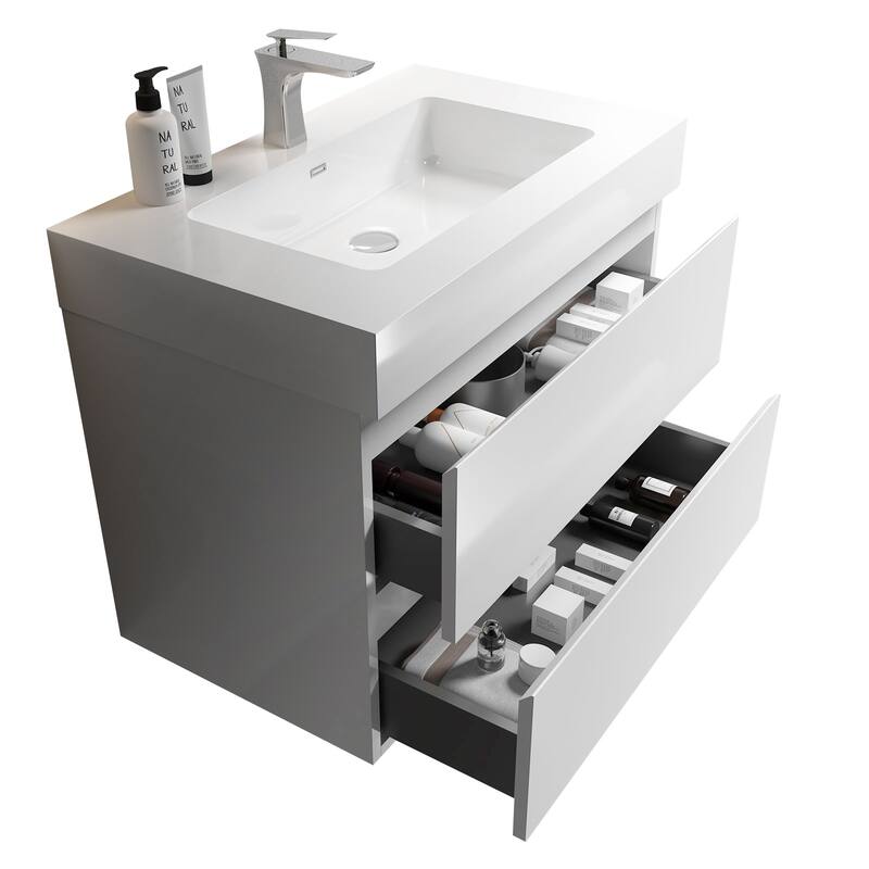 30" White Bathroom Vanity with Sink, Large Storage Wall Mounted Floating Bathroom Vanity for Modern Bathroom