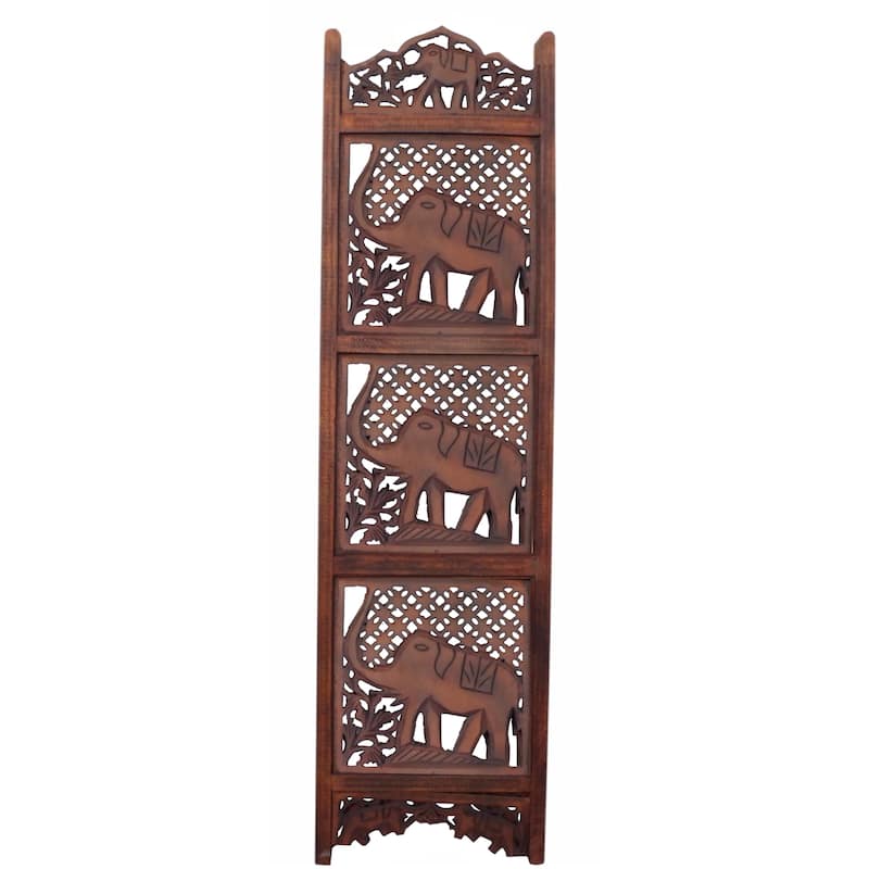 Zofi Hand Carved Elephant Design Foldable 4 Panel Wooden Room Divider, Brown - 8' x 10'