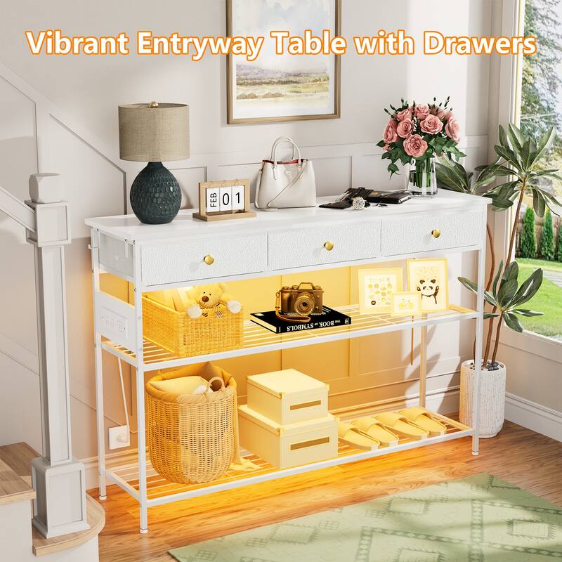 Modern White Entryway Table: 3 Drawers, 3 - Tier Storage Shelves, Gold Knobs & Charging Station
