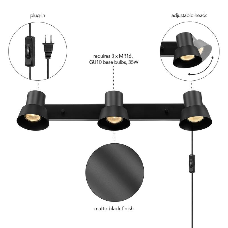 22" 3-Light Matte Black Plug-In Track Lighting with Pivoting Track Heads - 3.8"