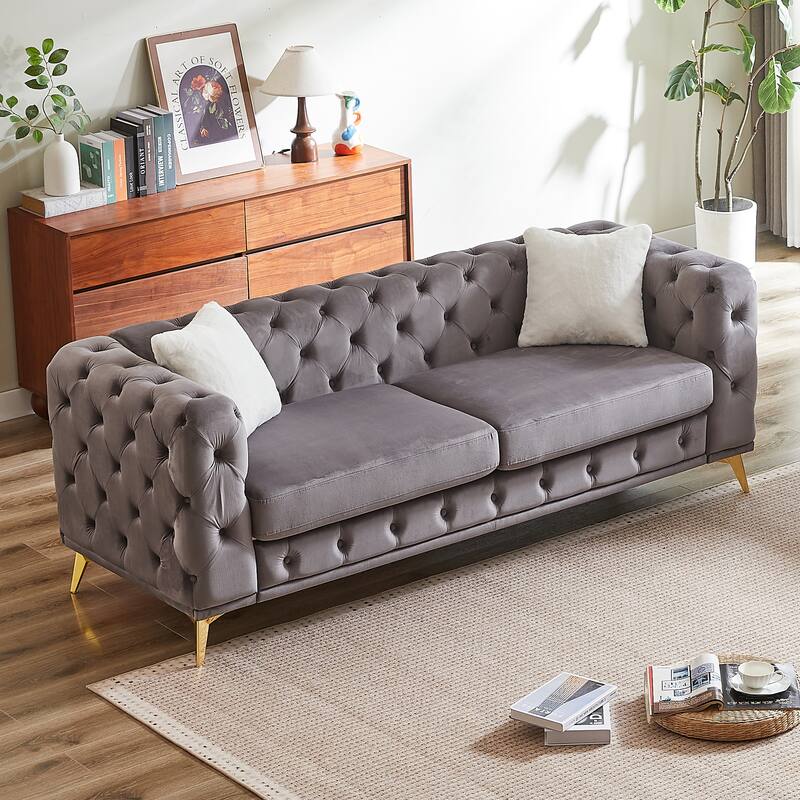 Velvet Upholstered 3 Seater Sofa, Chesterfield Tufted Button Sofa, Lounge Sofa Chair with 2 Pillows & Metal Legs