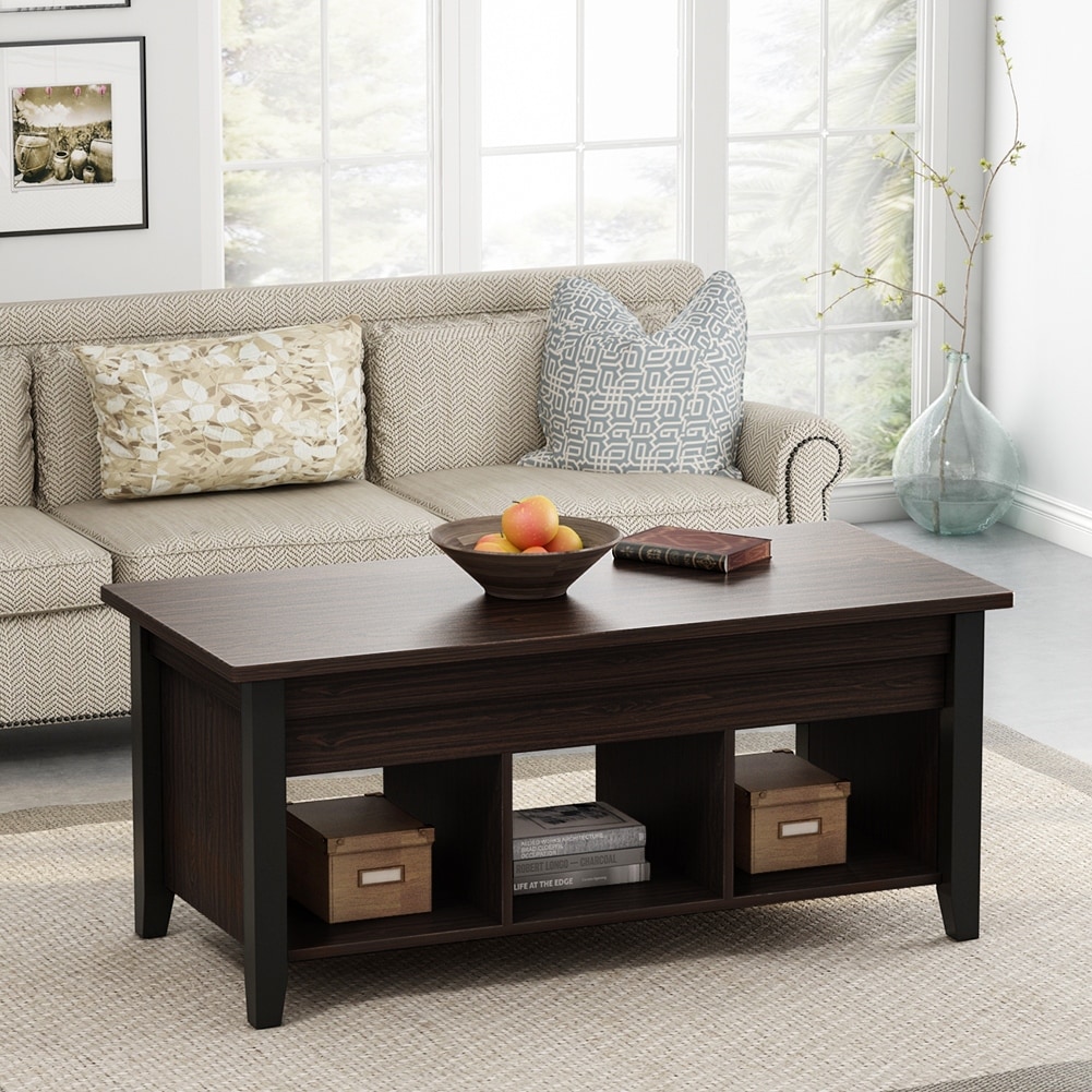 Lift Top Coffee Table With Hidden Storage Compartment And Lower Shelf For Living Room Overstock 26064193 Dark Teak