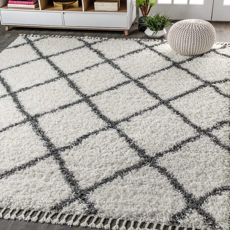 JONATHAN Y Modern Shag Plush Tassel Moroccan Geometric Trellis Area Rug