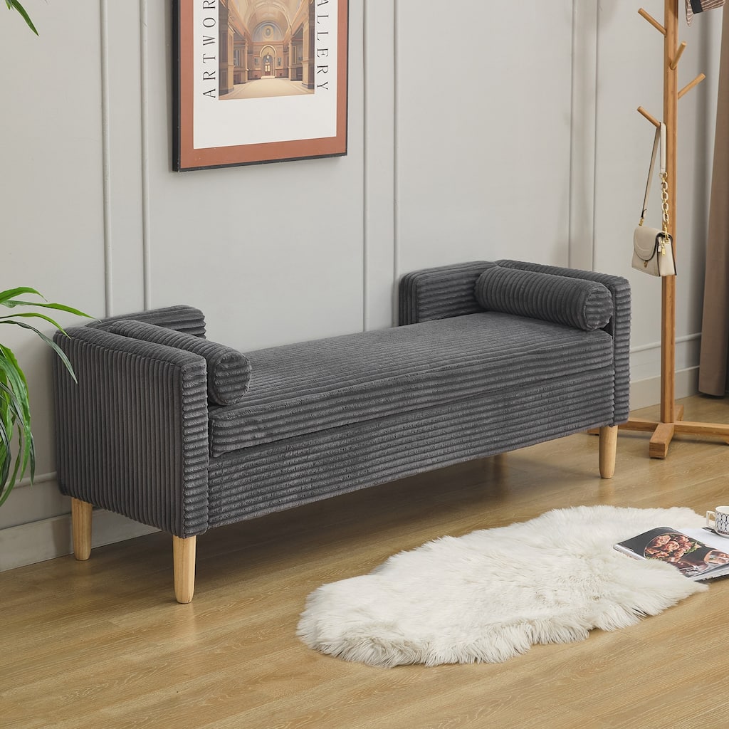 Corduroy Storage Soft Bench with Armrests, Backrest and Two bolster Pillows for Living Room, Entryway and Bedroom