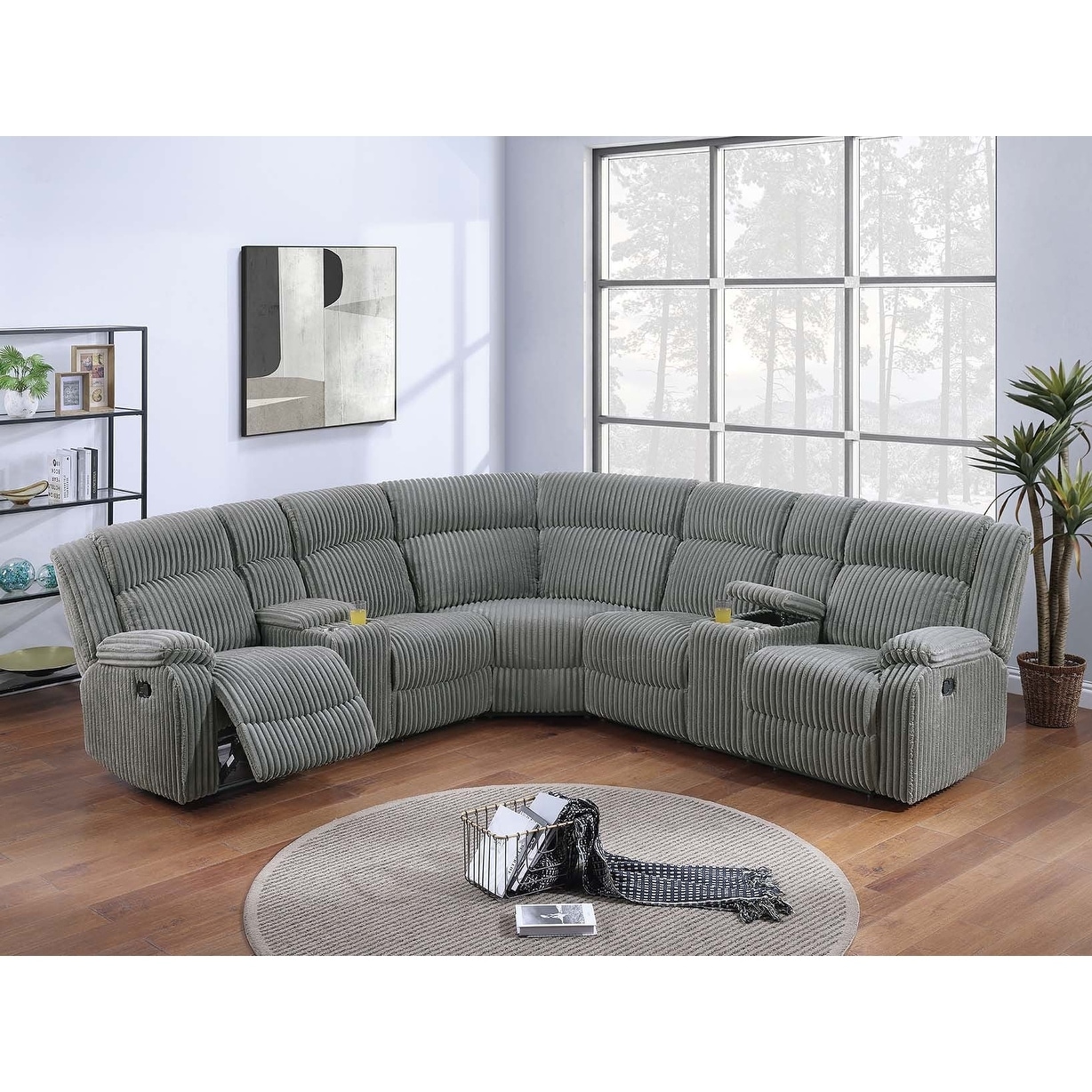 Power Motion Sectional Set 3pc Storage Space Smoke Finish Corduroy Upholstery