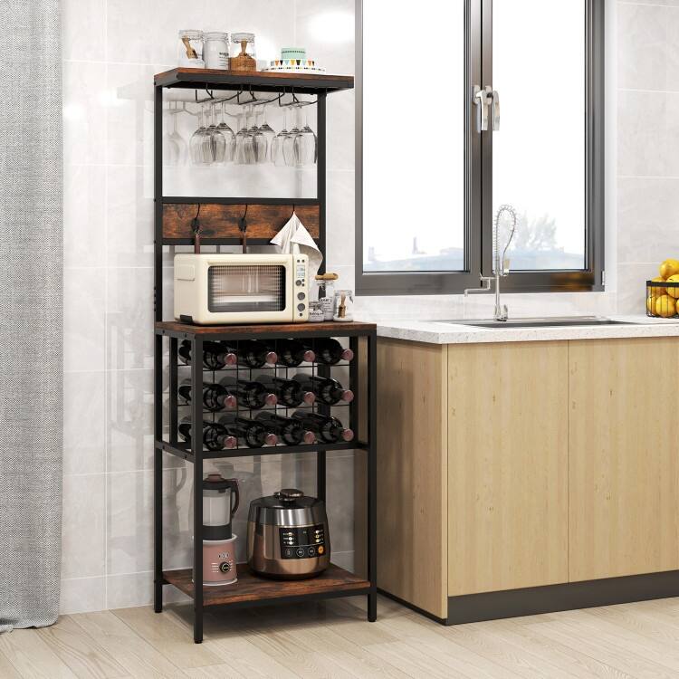 Rustic Brown Engineered Wood Wine Rack with Metal Frame and Stemware Storage - 21.5" L x 14.5" W x 61.5" H