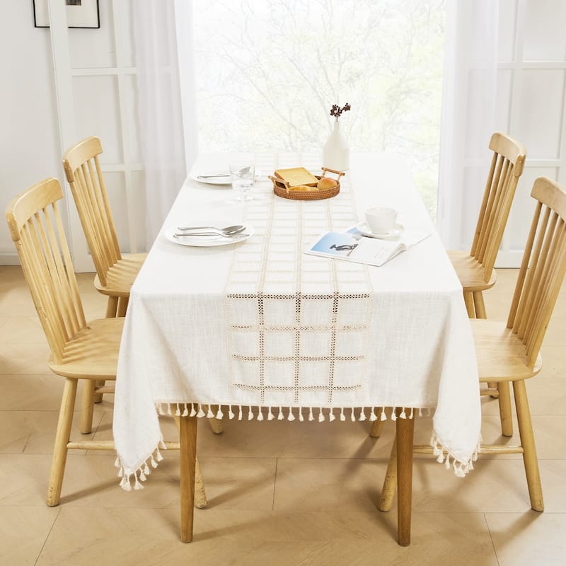 Faux Linen Embroidered Tassel Tablecloth - 55x86.5 Inch - Square