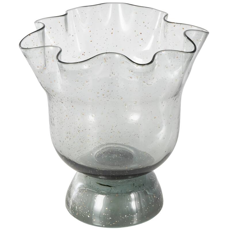 Black Glass Tulip Inspired Wide Floral Vase with Wavy Opening and Gold Speckles