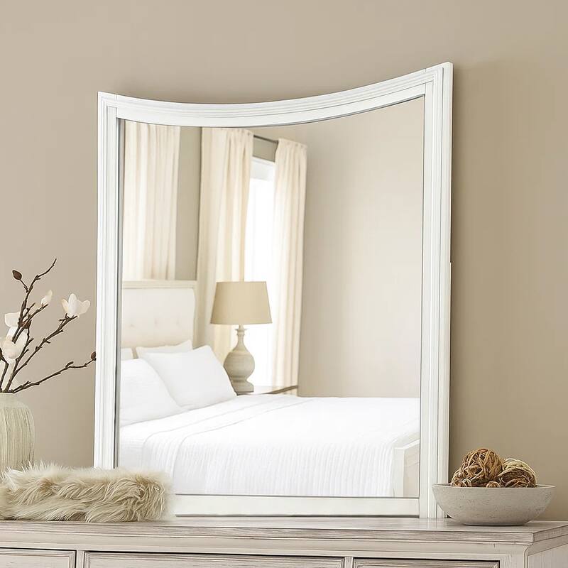 Kiki Dresser Mirror, Curved Crown Molded Details, White Solid Wood