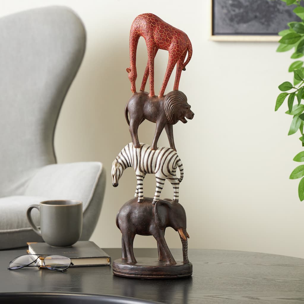 Black Polystone Stacked Safari Animals Decorative Sculpture with Round Base