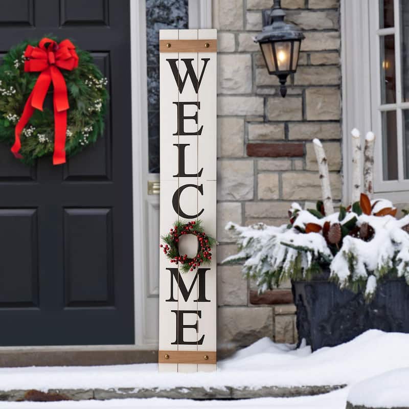 Glitzhome 60"H Wooden Welcome Porch Sign with 4 Floral Wreaths for Fall Halloween Thanksgiving Christmas Decoration