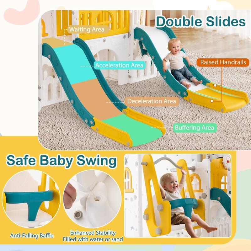 10 in 1 Toddler Slide and Swing Set with Double Slides Climber Basketball Hoop and Tunnel Indoor Outdoor Playset for Kids