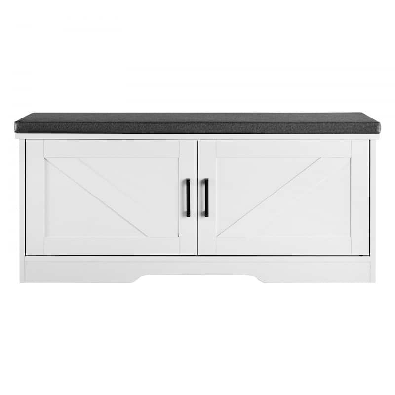 White Entryway Shoe Bench with Black Seat Cushion and 4 Compartment Adjustable Storage for 36 Pairs - 39.4" x 14" x 18.1"