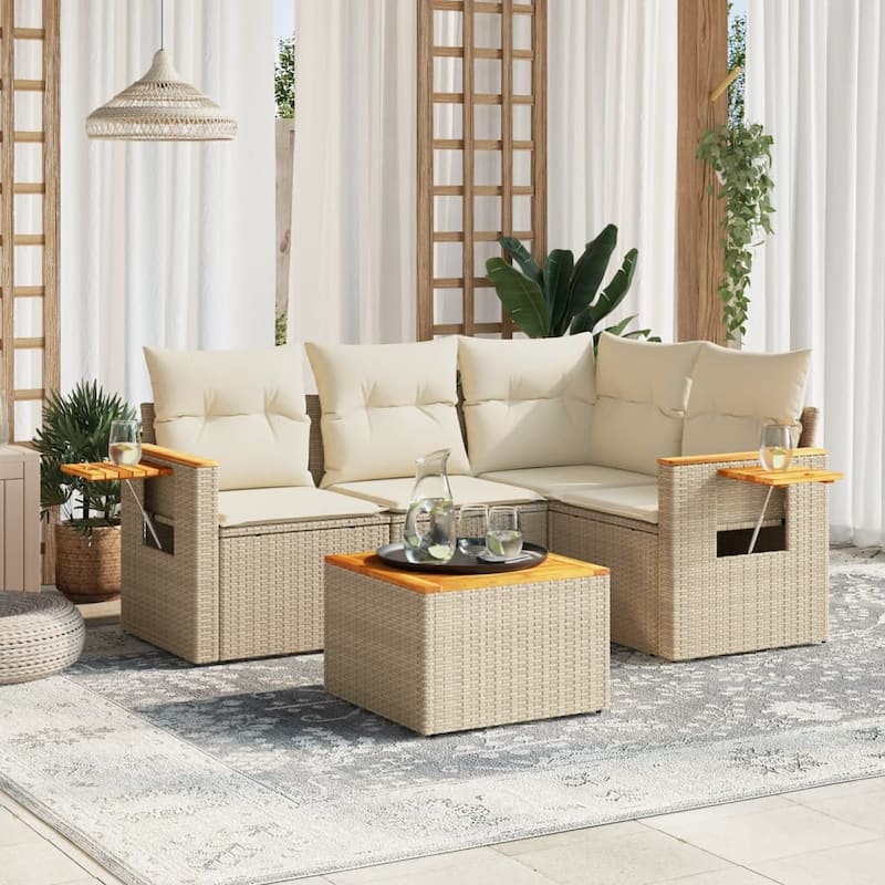vidaXL Patio Sofa Set with Cushions Outdoor Conversation Furniture Poly Rattan - 24.4 x 33.5 x 27.2 in - Beige and cream with table