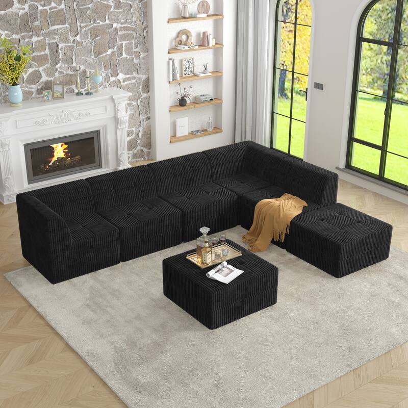 Roomfitters L-Shape Modular Sectional Sofa with Ottoman, Corduroy Sleeper Couch, Space-Saving Design for Living Room