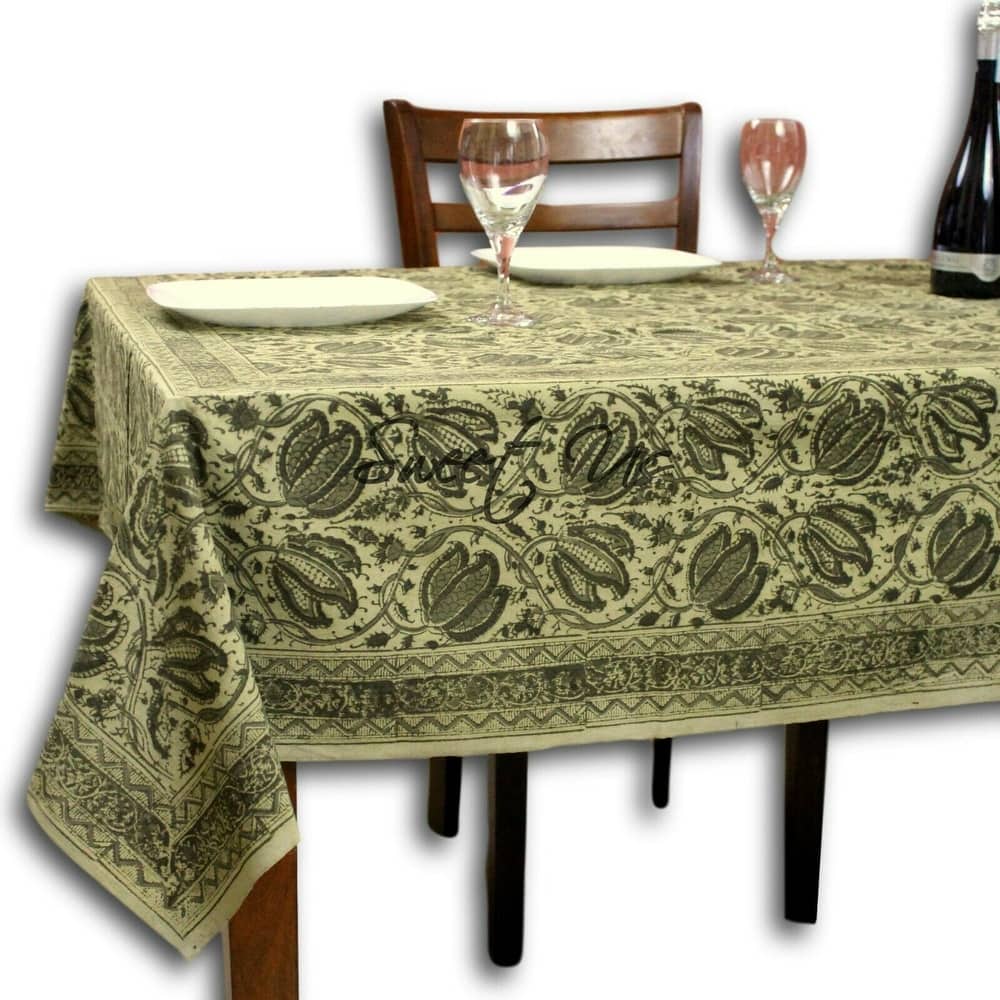 Cotton Vegetable Dye Block Print Rustic Vintage Floral Tablecloth