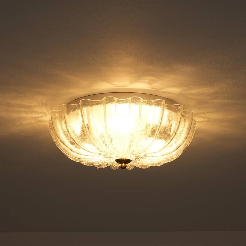 French Textured Frosted White Glass Scalloped Round Ceiling Light