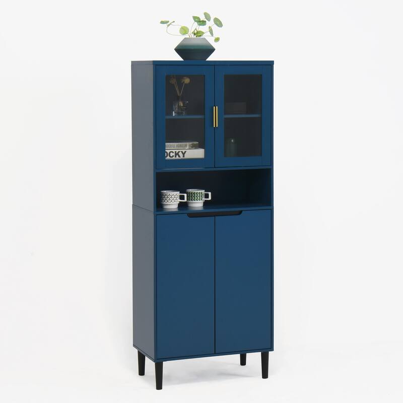 Tall Kitchen Pantry Cabinet with 2 Glass Display Doors & 2 Solid Doors - Blue