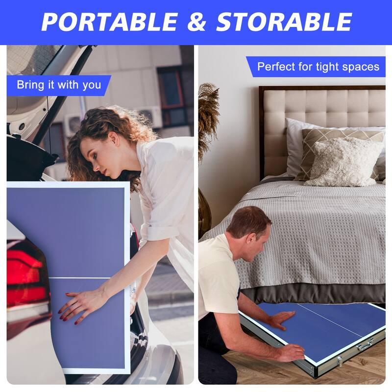 Roomfitters 5ft Table Tennis Table, Foldable & Portable, Net, 2 Paddles and 3 Balls, Indoor Ping Pong Game, Blue