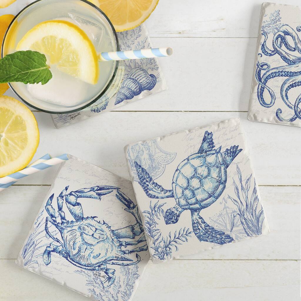 Counterart Absorbent Stone Coaster, Coastal Sketch, Set of 4 - 4.02x4.13