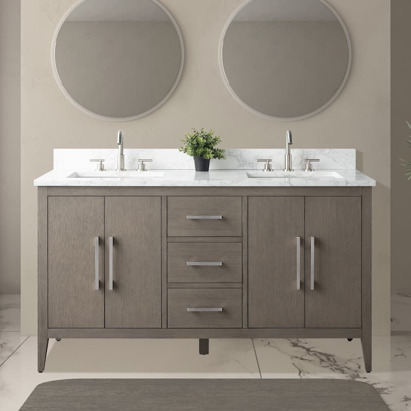 Vanity Art 60" Double Sink Bathroom Vanity Cabinet with Engineered Marble Top - 60"/Brushed Nickel Handle - Driftwood Gray