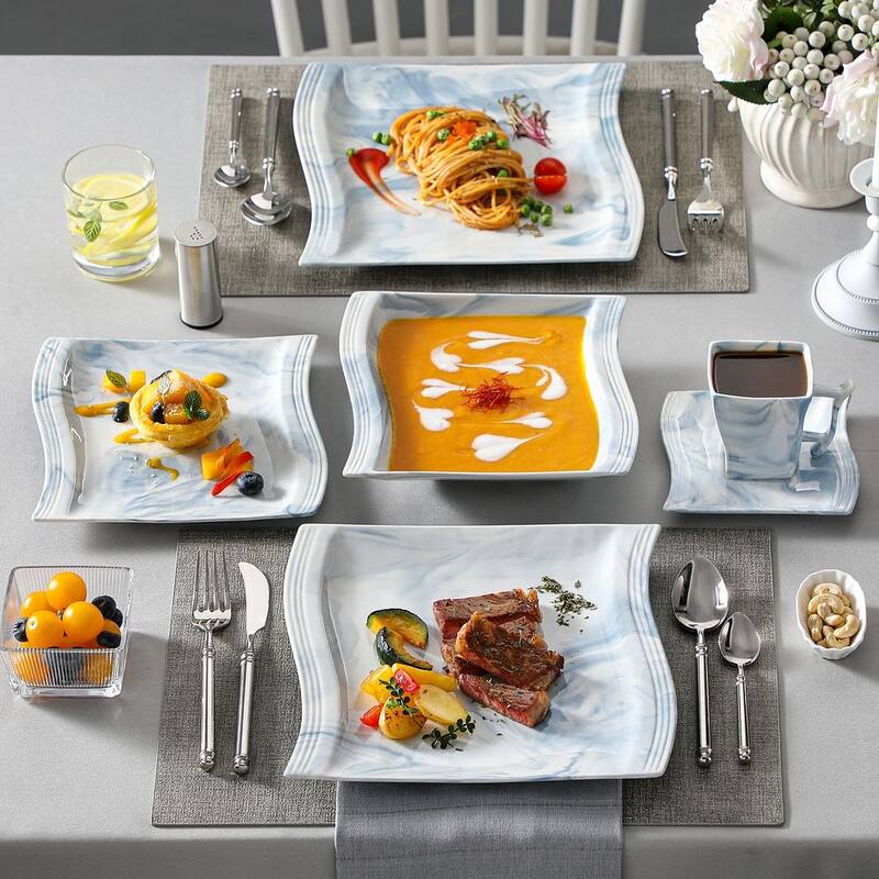 MALACASA Series Flora 30-Piece Porcelain Marble Dinnerware Set
