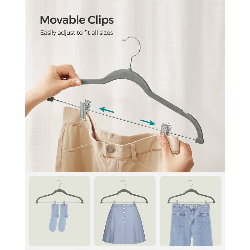 Modern Plastic Non-Slip Velvet Clothes Hangers with 2 Adjustable Clips Suitable for Trousers and Skirts