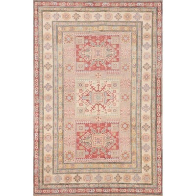 Geometric Kazak Oriental Area Rug Bedroom Hand-Knotted Wool Carpet - 4'0"x 6'0"