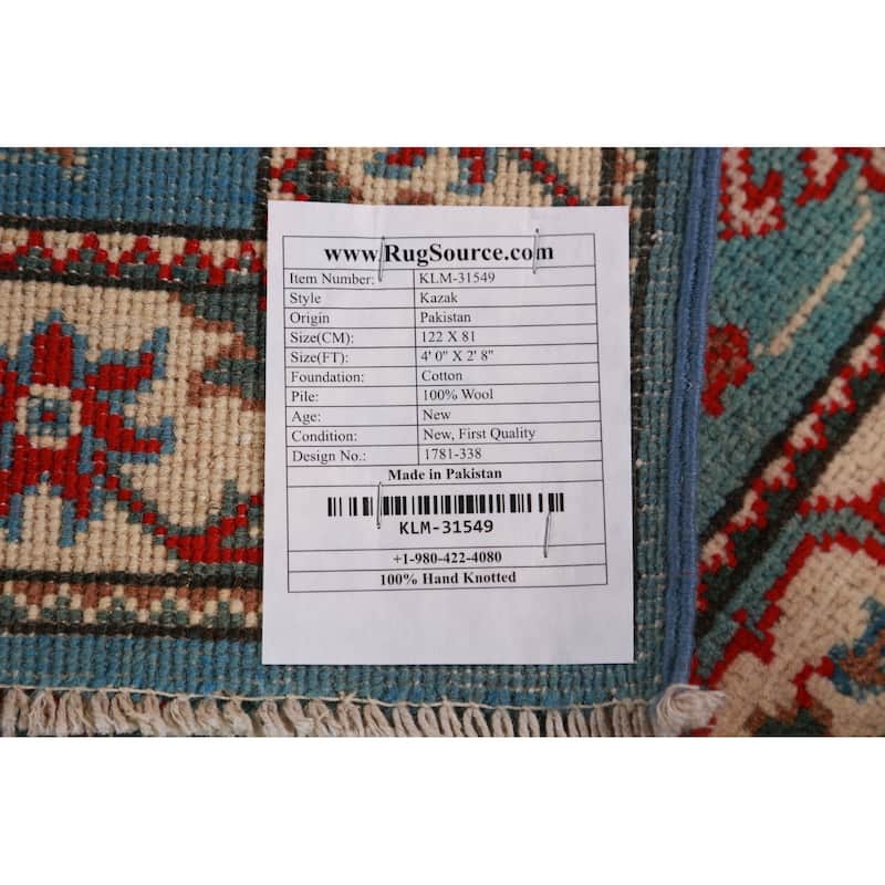 Geometric Kazak Foyer Rug Hand-Knotted Blue Traditional Wool Carpet - 2'8"x 4'0"