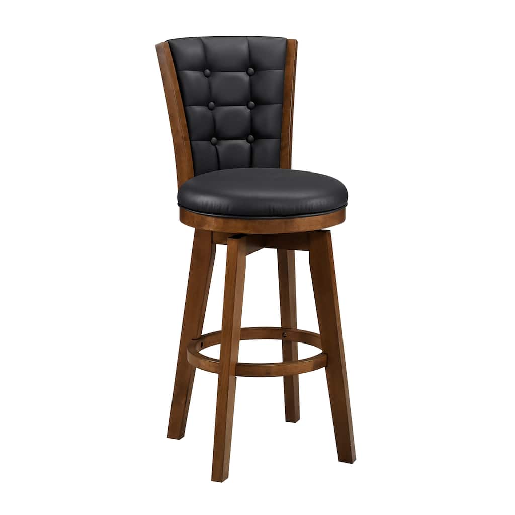 Core Set of 2 Swivel Barstool Chairs, Brown Wood, Black Faux Leather
