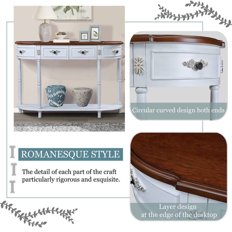Living Room Hallway Retro Curved Wood Console Table Sofa Table with Shelf and 2 Drawers