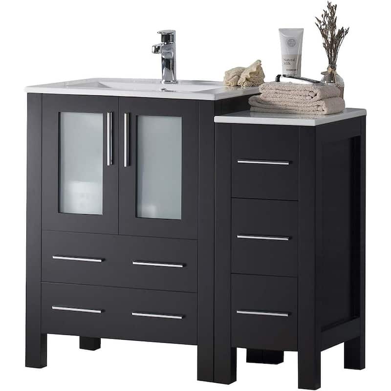 Blossom 36" Solid Wood Bathroom Vanity w/ Ceramic Sink & Side Cabinet - Espresso