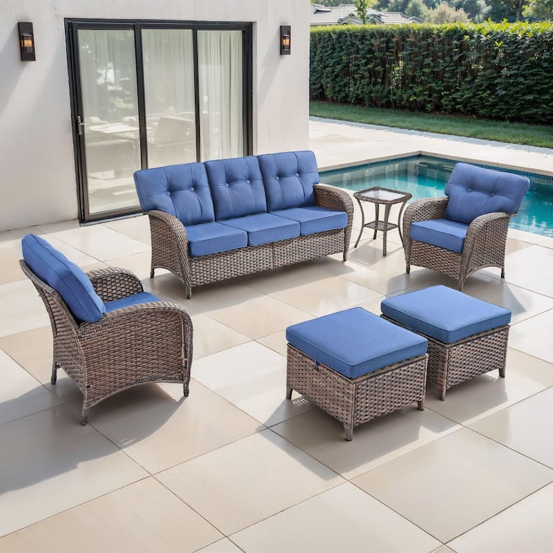 TWrap 6-Piece Patio Brown Wicker Sofa Conversation Set with 5-Inch Thick Cushions