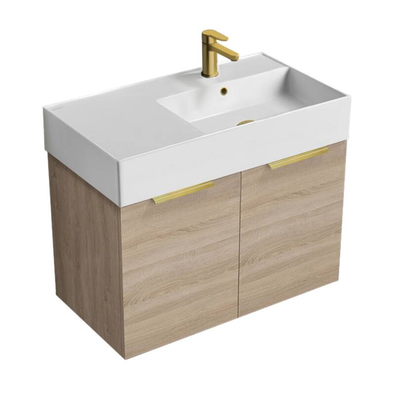 Nameeks Derin-3217-W-C-R Derin 32" Wall Mounted Single Basin Vanity - Brown Oak / Matte Gold - Oak Finish