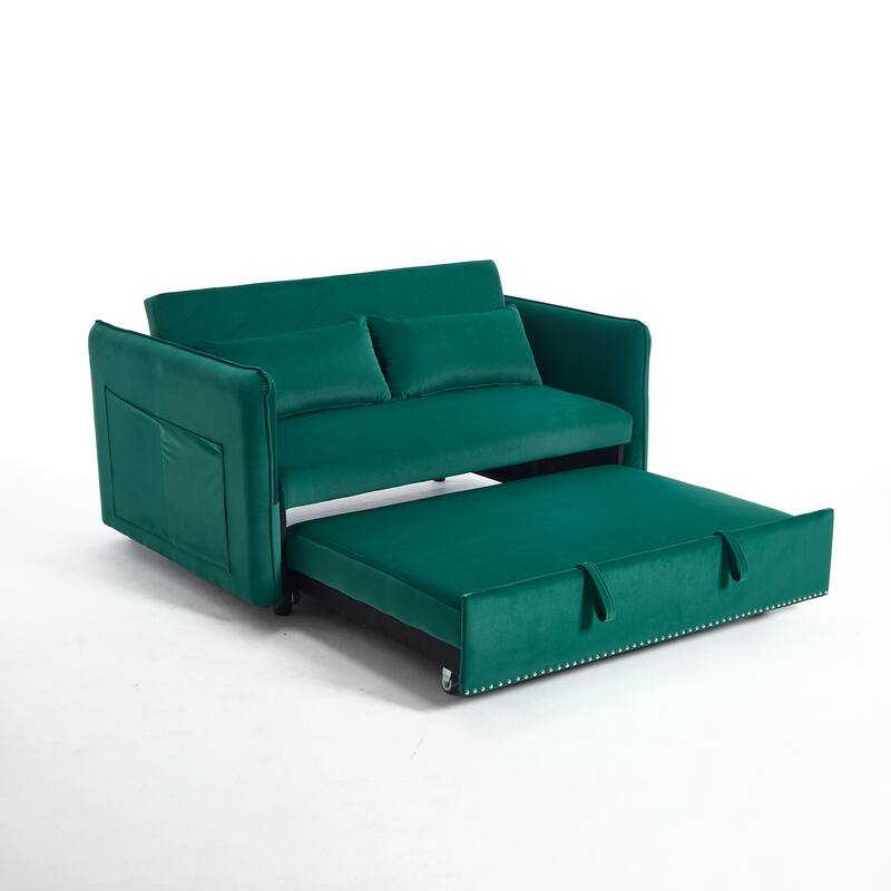 55" Velvet Convertible 3-in-1 Sleeper Sofa Bed with Reclining Backrest, Side Pockets, and 2 Pillows