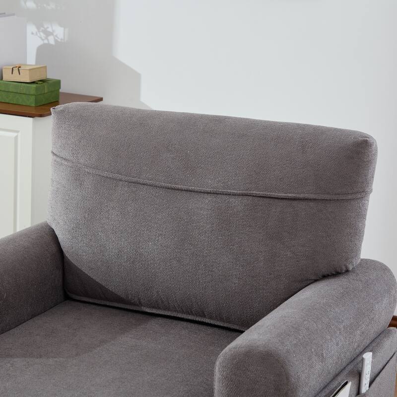 Modern Chaise Lounge Single Sofa Chair, Chenille Fabric Recliner Armchair with Side Pockets and Wooden Legs