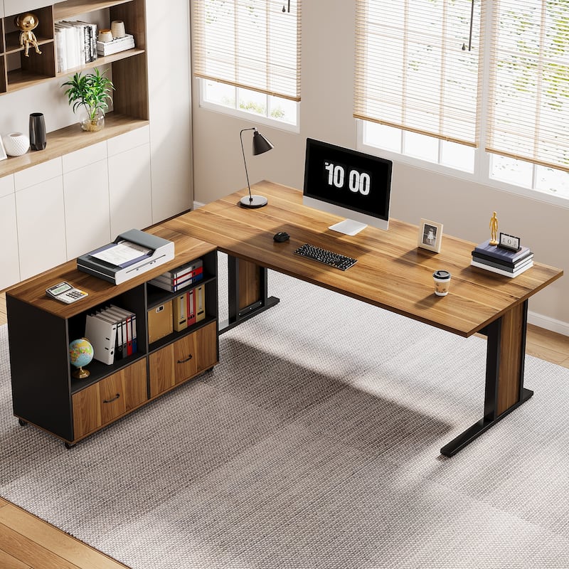 63" Corner Executive Computer Desk and Mobile File Cabinet Set for Home Office - Brown