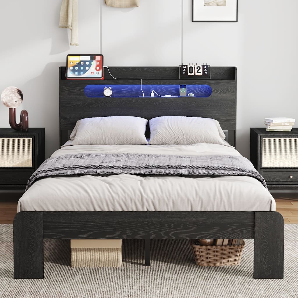 Wood Platform Bed Frame w/LED Storage Headboard, 2 USB Ports & Charging Station, Noise-Free Metal Slats, Large Under Bed Storage