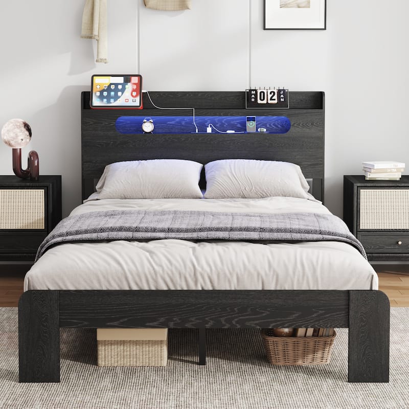 Wood Platform Bed Frame with Storage LED Light Headboard and 2 USB - Black