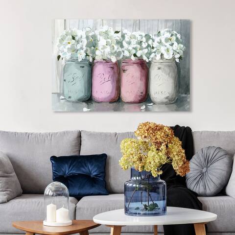 Wynwood Studio 'Mason Jar Soft' Floral and Botanical Wall Art Canvas Print Florals - Pink, White