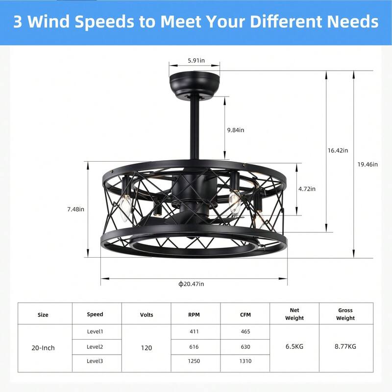 Cusp Barn 20-inch Modern Industrial Ceiling Fan with Light, Reversible 3-speed Enclosed Ceiling Fan Light with Remote Control