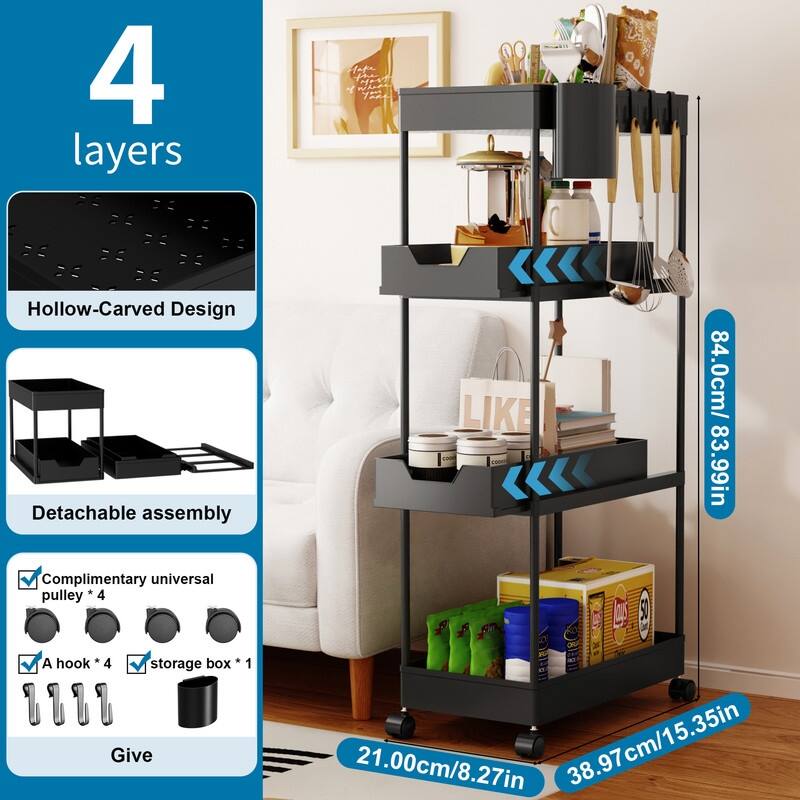 4-Tier Slim Rolling Pull-Out Storage Utility Cart with Wheels