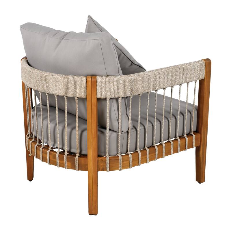Acacia Wood Outdoor Club Chair with Handwoven Rope and Curved Backrest, Ideal for Porch and Garden Relaxation.