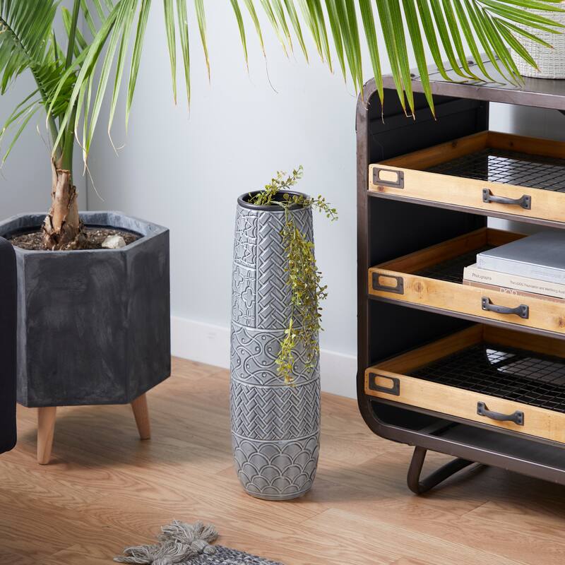 Gray Ceramic Vase with Varying Patterns