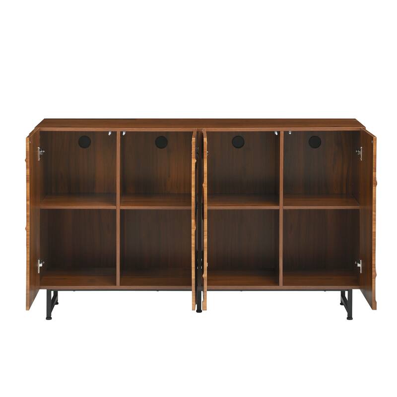 Modern Art Solid Wood Sideboard, Wave Relief Design, Walnut Texture, Iron Legs, Living Room Storage Cabinet